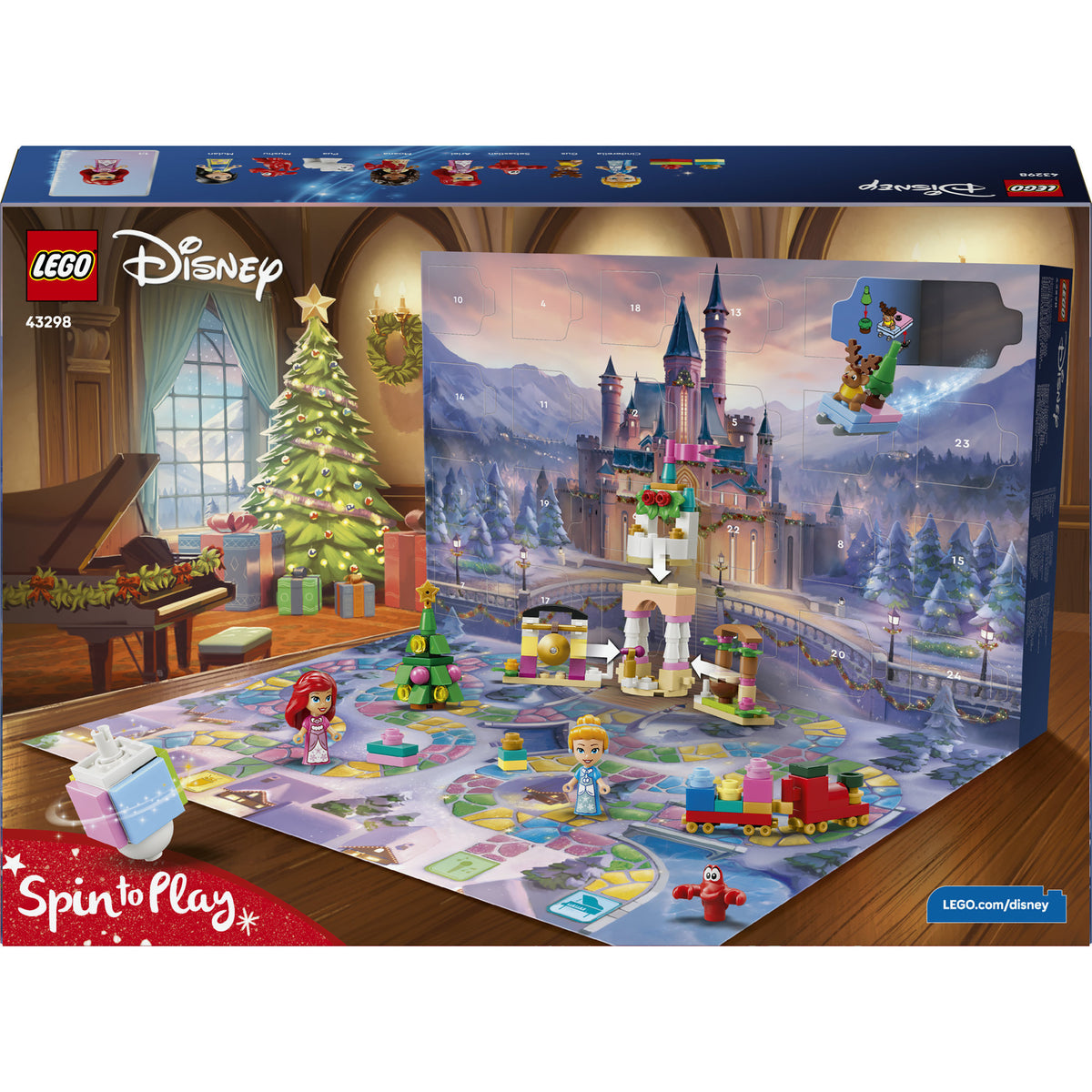 Rückseite der Verpackung des LEGO Disney Princess Adventskalenders 2026, 43298, mit Abbildung der Schlosskulisse und Spielfläche.