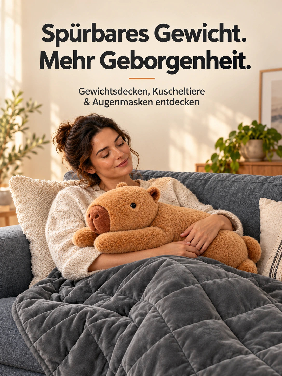Frau kuschelt mit einem Capybara-Gewichtskuscheltier unter einer grauen Gewichtsdecke. Schriftzug: Spürbares Gewicht. Mehr Geborgenheit. Gewichtsdecken, Kuscheltiere und Augenmasken entdecken.