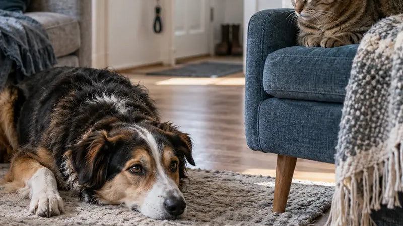 Ein Hund liegt auf dem Teppich, eine Katze sitzt auf einem Sessel daneben.