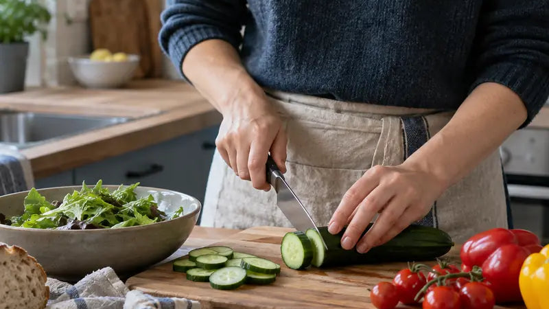 Eine Person schneidet Gurken auf einem Küchenbrett neben Brot und Gemüse.