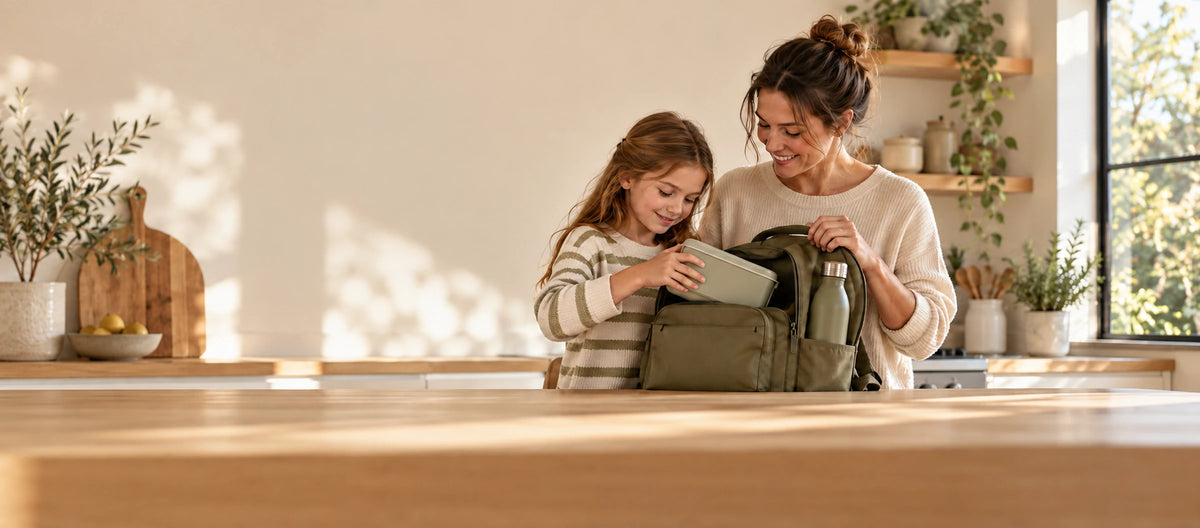 Mutter und Tochter packen gemeinsam einen Rucksack mit Lunchbox und Trinkflasche in einer hellen Küche.