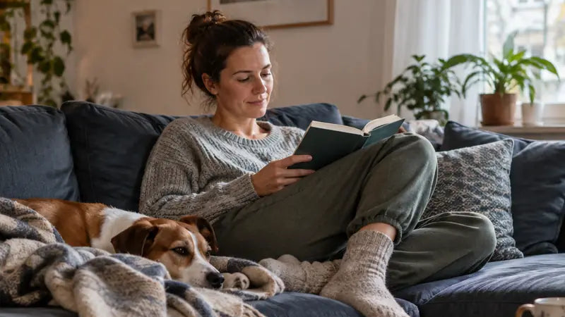 Eine Frau liest auf dem Sofa, neben ihr ruht ein Hund.