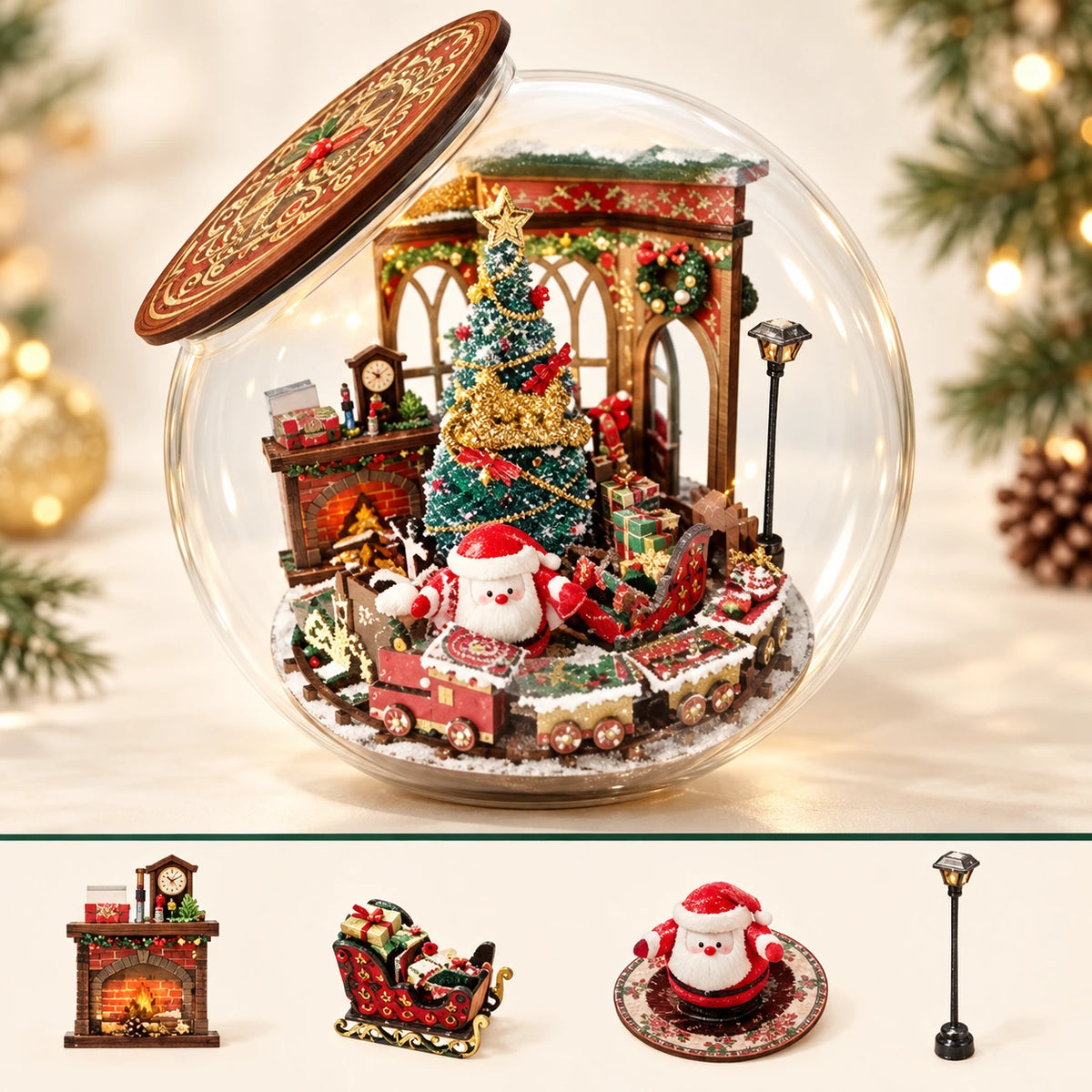 WeihnachtsZauber-Miniatur in transparenter Kugel mit seitlichem Holzdeckel; darunter Einzelansichten von Kamin, Geschenkschlitten, Weihnachtsmann und Laterne.