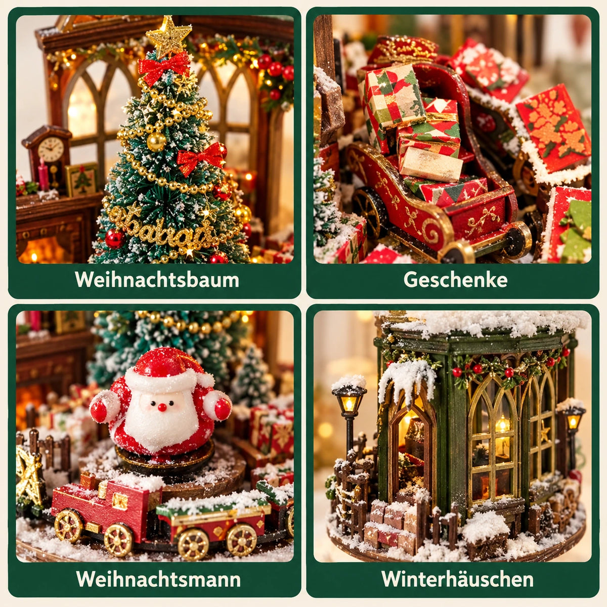 Vier Detailansichten der WeihnachtsZauber-Miniatur: geschmückter Weihnachtsbaum, Geschenke im Schlitten, Weihnachtsmann und verschneites Winterhäuschen.