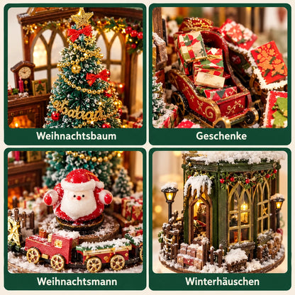 Vier Detailansichten der WeihnachtsZauber-Miniatur: geschmückter Weihnachtsbaum, Geschenke im Schlitten, Weihnachtsmann und verschneites Winterhäuschen.