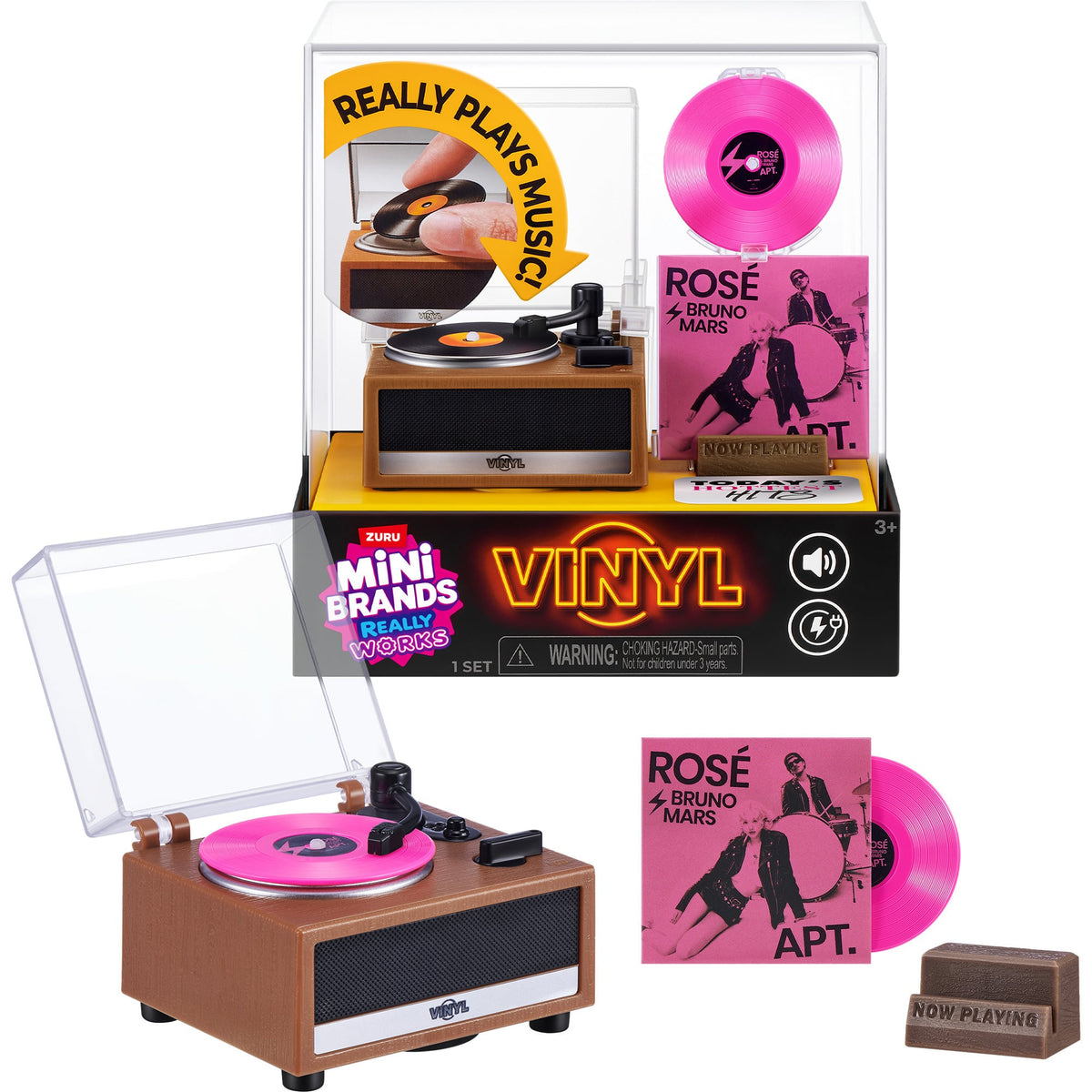 ZURU Mini Brands Mini-Plattenspieler mit APT.-Mini-Vinyl, Plattenständer und Verpackung.