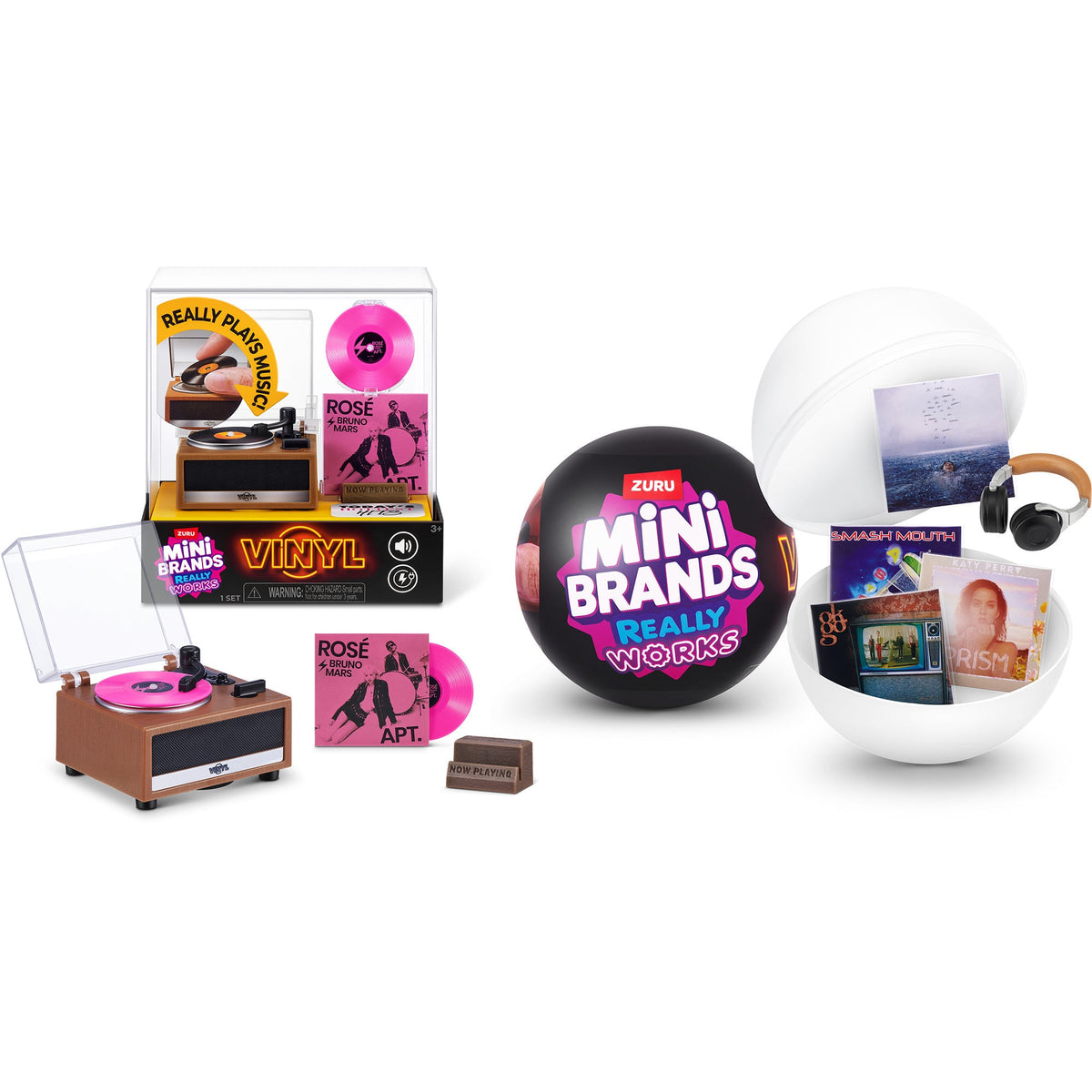 ZURU Mini Brands Vinyl-Kapsel mit beispielhaften Mini-Platten, Zubehör und separat erhältlichem Plattenspieler.