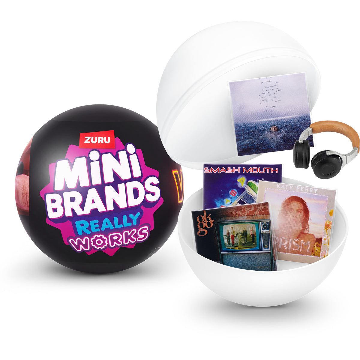 Geöffnete ZURU Mini Brands Vinyl-Kapsel mit beispielhaften Mini-Plattenhüllen und Kopfhörer-Zubehör.